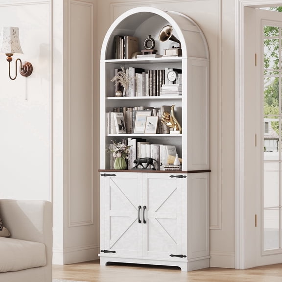 Vividwood Farmhouse Arched 6-Tier Bookshelf Bookcase with Doors, Tall Storage Cabinet, White