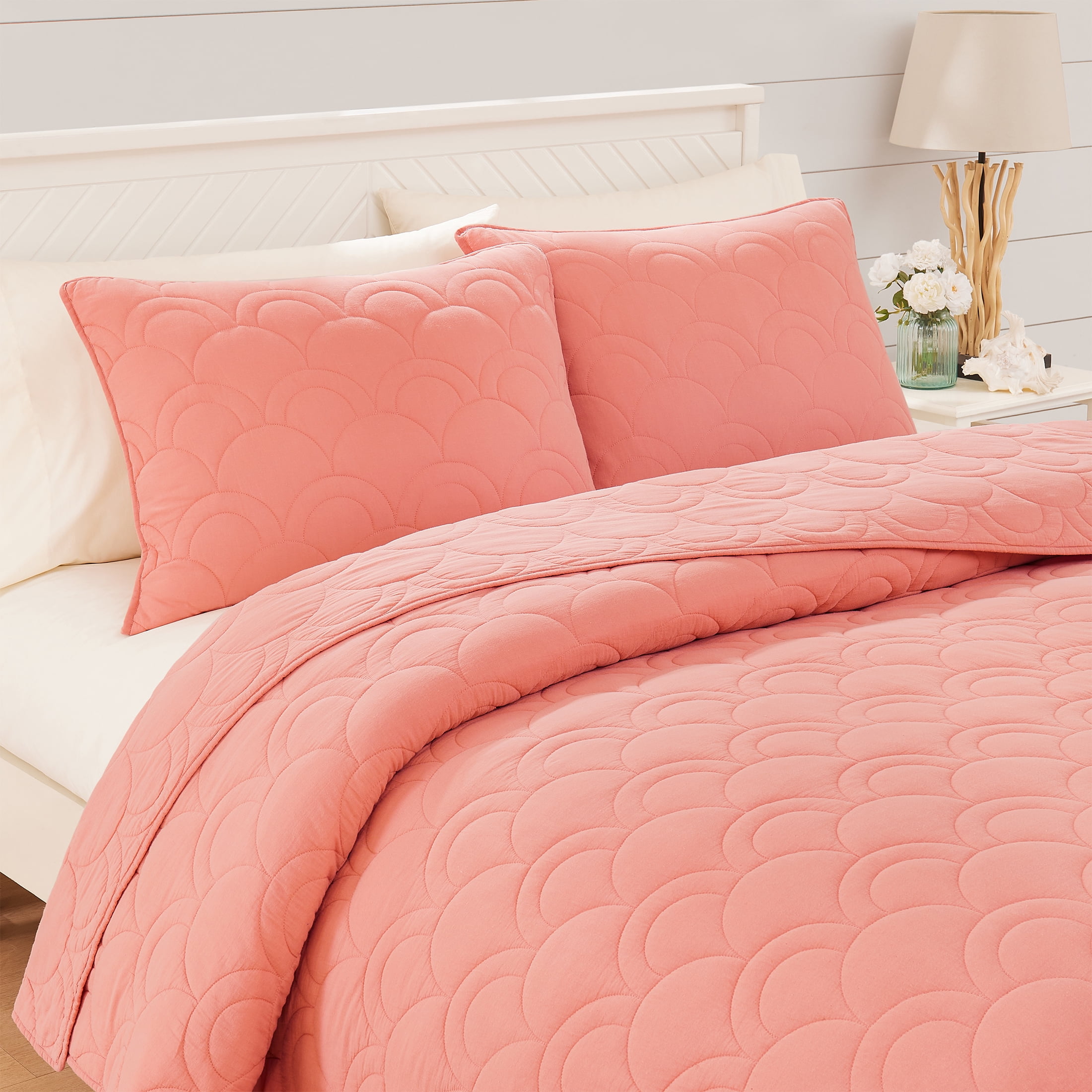 Coastal Living Harbor Scallop Stitch 3-Piece Quilt Set, King, Coral, 100% Cotton Bedding