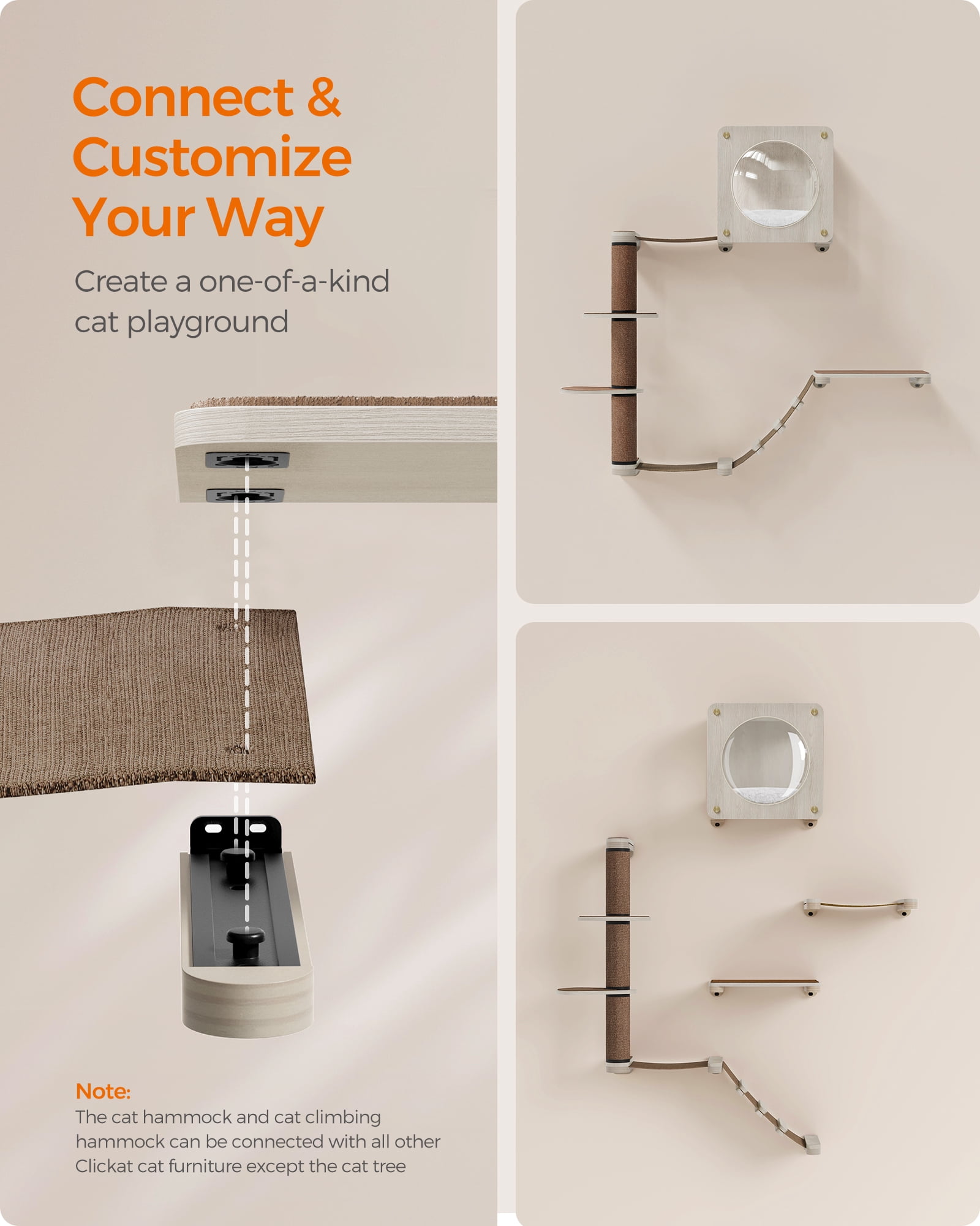 Feandrea Clickat Oasis - Cat Wall Furniture Set of 5 Cat Wall Shelf Wall-Mounted Cat Hammock Scratching Post Cave Extremely Quick Assembly Unlimited Expandability Replaceable Module and Parts