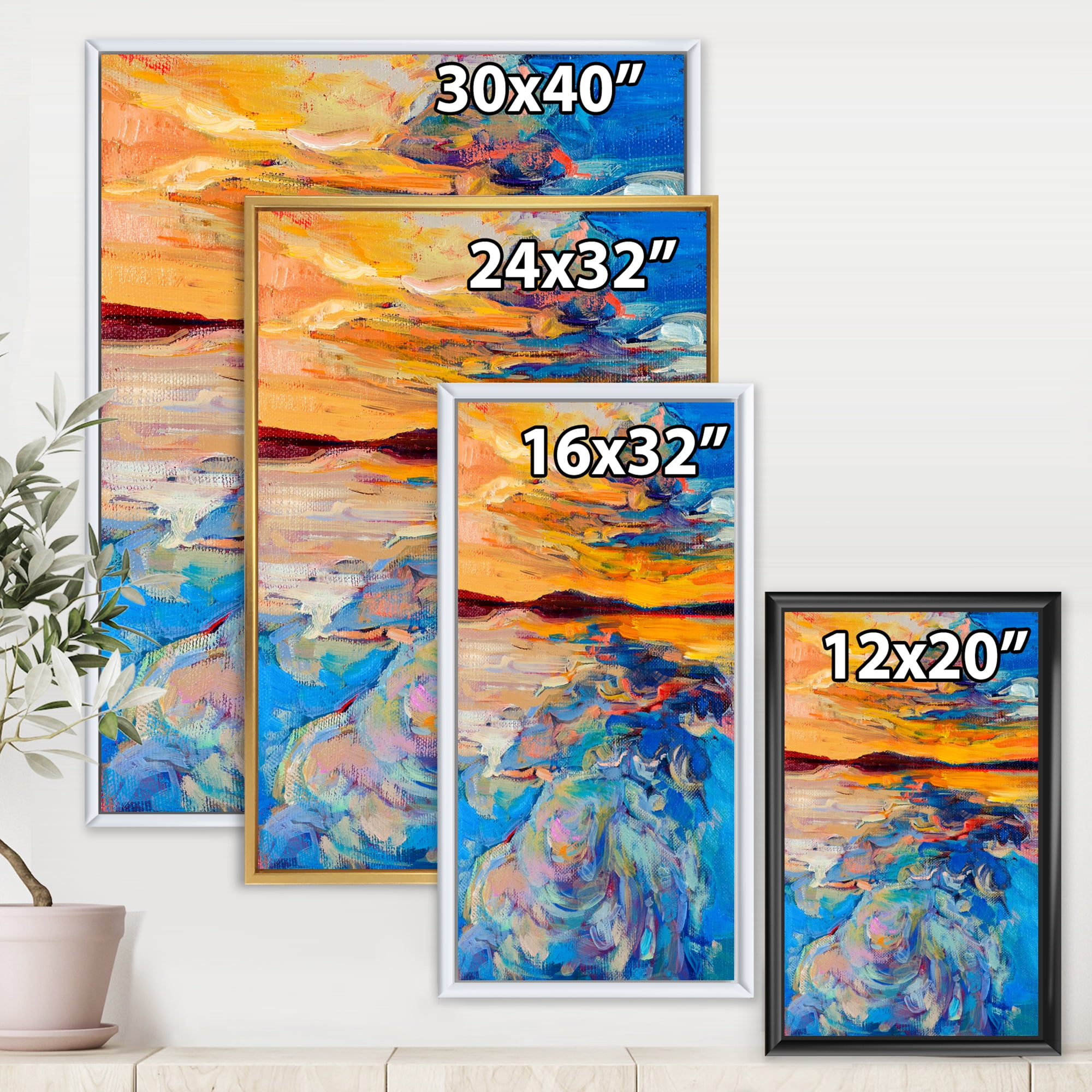 Designart 'Whirly Blue Waves Under Orange Sunset' Nautical & Coastal Framed Canvas Wall Art Print
