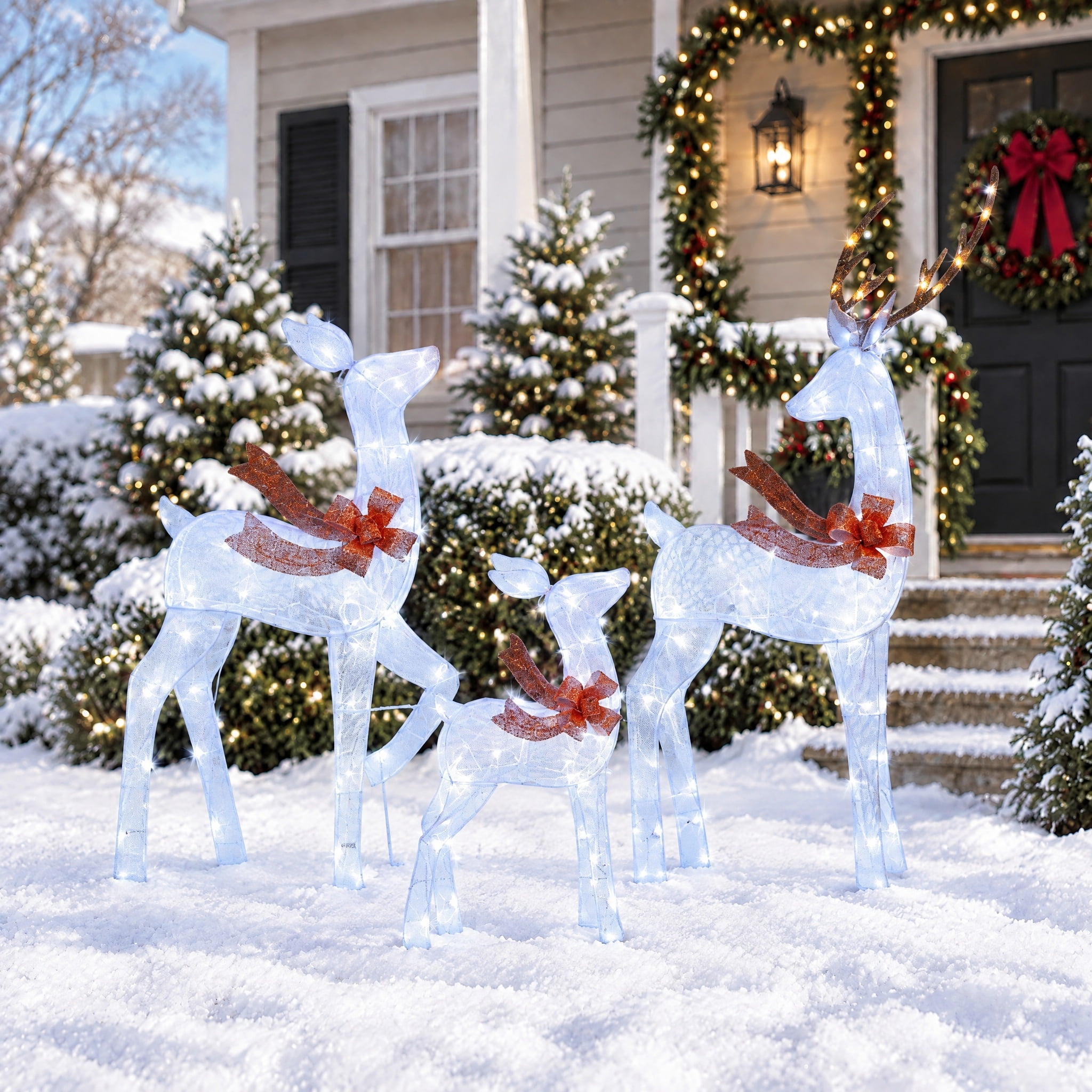 Indoor/Outdoor Light-Up Mesh 2D Deer Family Christmas Decoration with 120 LED Lights, Cool White, Set of 3, by Holiday Time
