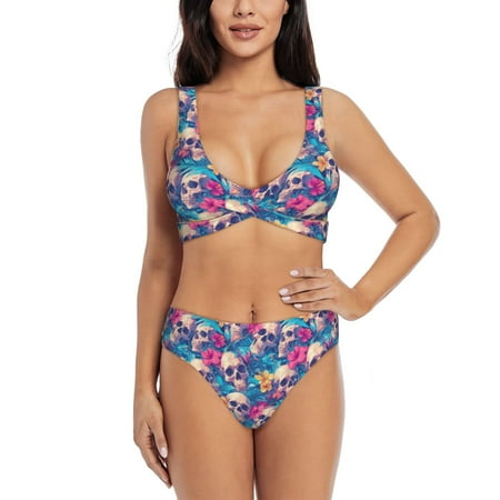 Zeuib Skull blue leaf High Waisted Tummy Control Bikini Set - Knot Front Push Up Top & Cheeky Thong Bottom  Two-Piece Swimsuit for Women-Large
