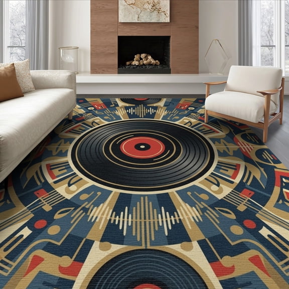 ODIKA 8'x10' Washable Area Rug Non-Slip Chair-Friendly Mat Record Abstract Vinyl Musical Themed Circle Spiral Grooves Shaped for Dining Room, Large Office, Lounge
