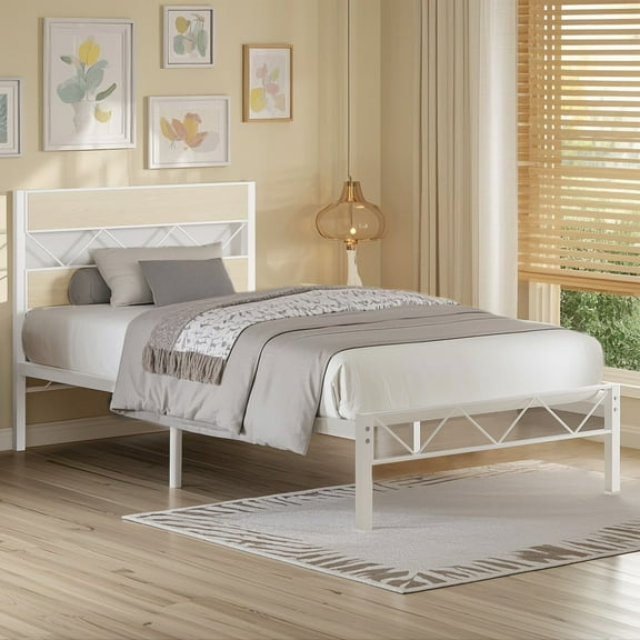 VECELO Twin Size Retro Platform Bed Wood Headboard, Oak