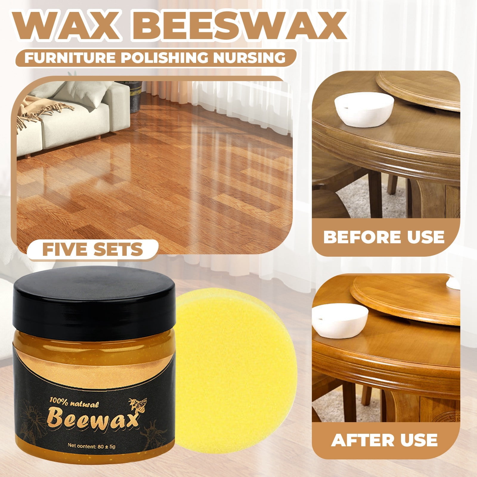 Furniture Wax for Wood, Floor Wax for Wood Floors, Beeswax Blocks Paste Wax, Wood Floor Polish for Hardwood Floors, Waterproof Protection with Sponges 5 Pack Set