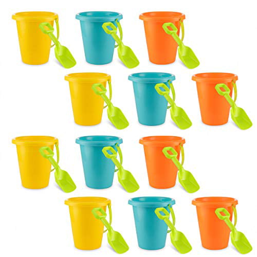Great Summer Party Accessory Plastic Buckets 6.5 inches 4Es Novelty Pack of 12 Sand Beach Pails and Shovels Pool Fun Activity for Kids Boys and Girls 3 Bright Colors Yellow Blue & Orange 