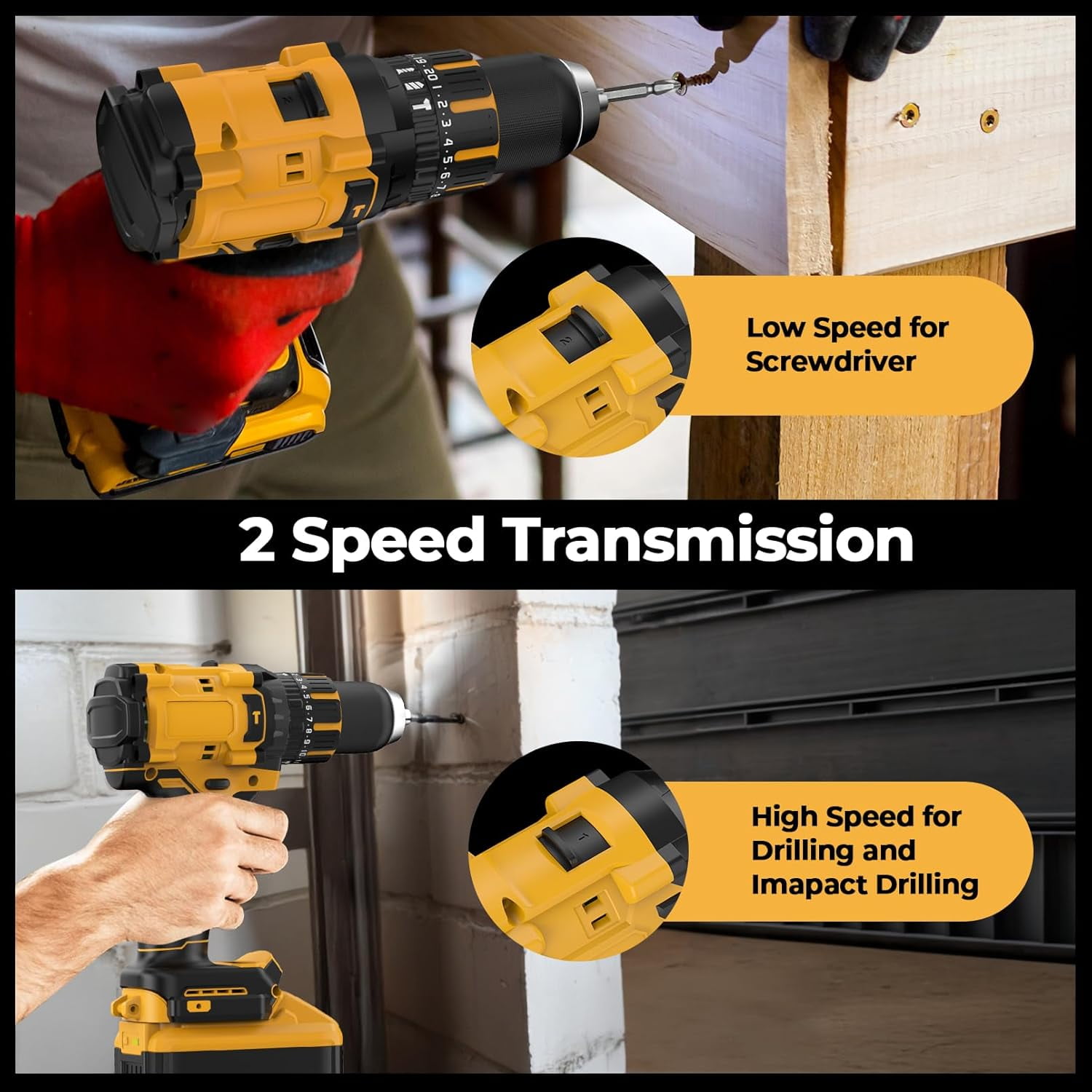 Power Drill Compatible with Dewalt 20V Max Battery(No Battery), 1950 RPM, 2-Speed Cordless Brushless Hammer Drill for Drilling Brick Wall,Metal,Wood,Screws