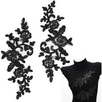 4Pcs Flower Lace Appliques Black Embroidery Flowers Sequin Patches Polyester Decorative Floral Appliques Dress Gown Sewing Decorations for Fabric DIY Crafting 9.45x3.94x0.06 inch