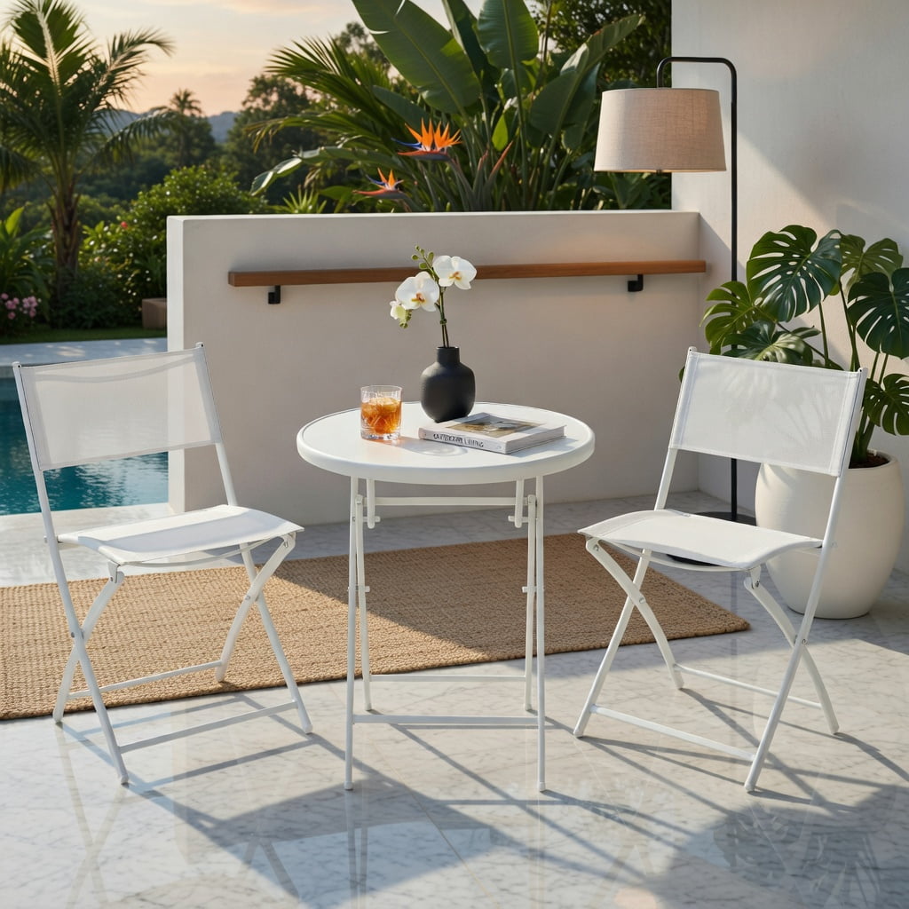Hommoo 3-Piece Foldable Outdoor Bistro Set, 2 Chairs + Glass Top Coffee Table for Balcony, Patio & Garden, White