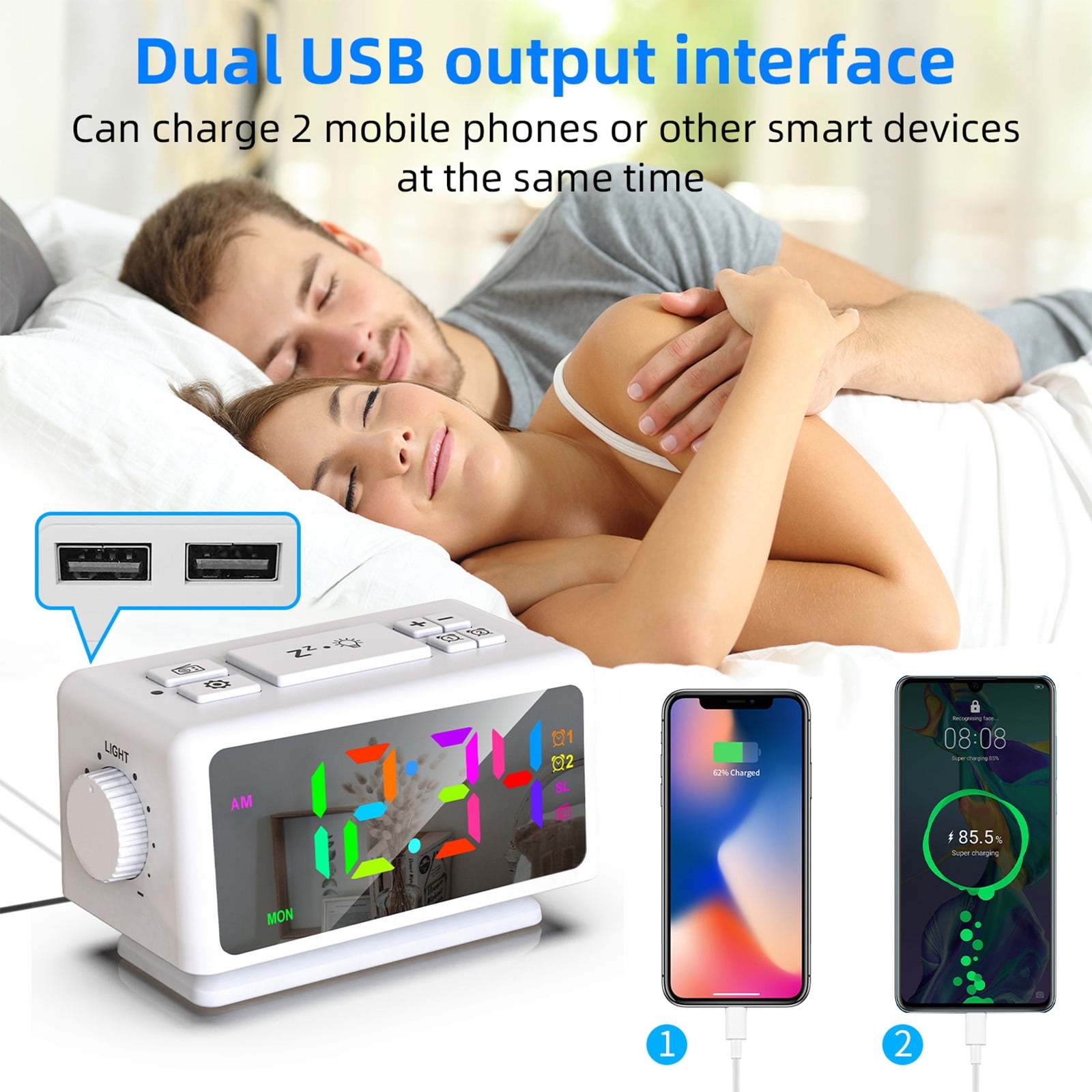 SINIMOKO Perpetual Calendar FM Radio Alarm Clock RGB Colorful Mirror Large Screen Display Electronic Clock Suitable For Giving Holiday Gifts,Father's Day Gifts for Brother