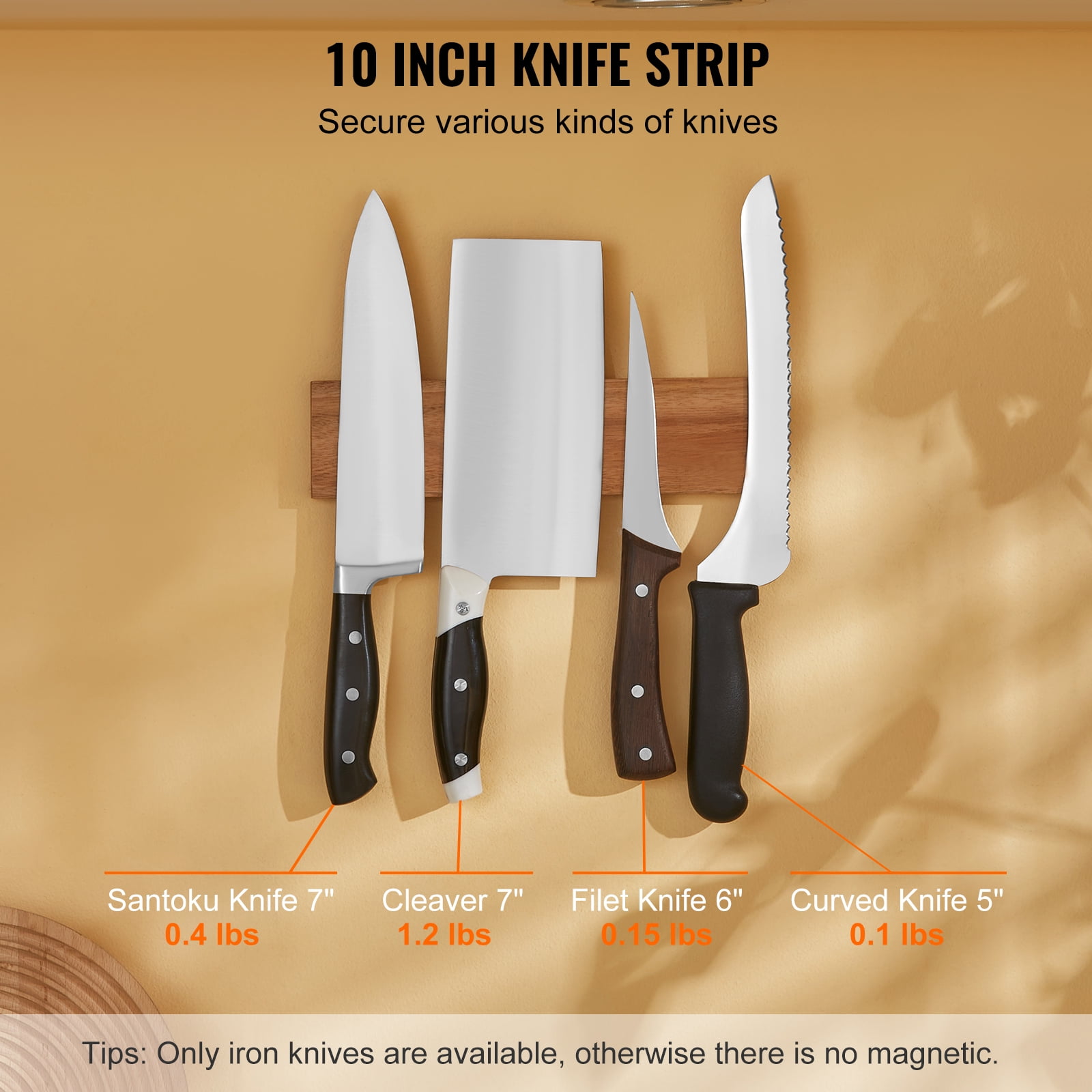 BENTISM 10" Magnetic Knife Storage Holder Wall Mount Knife Strip Acacia Wood