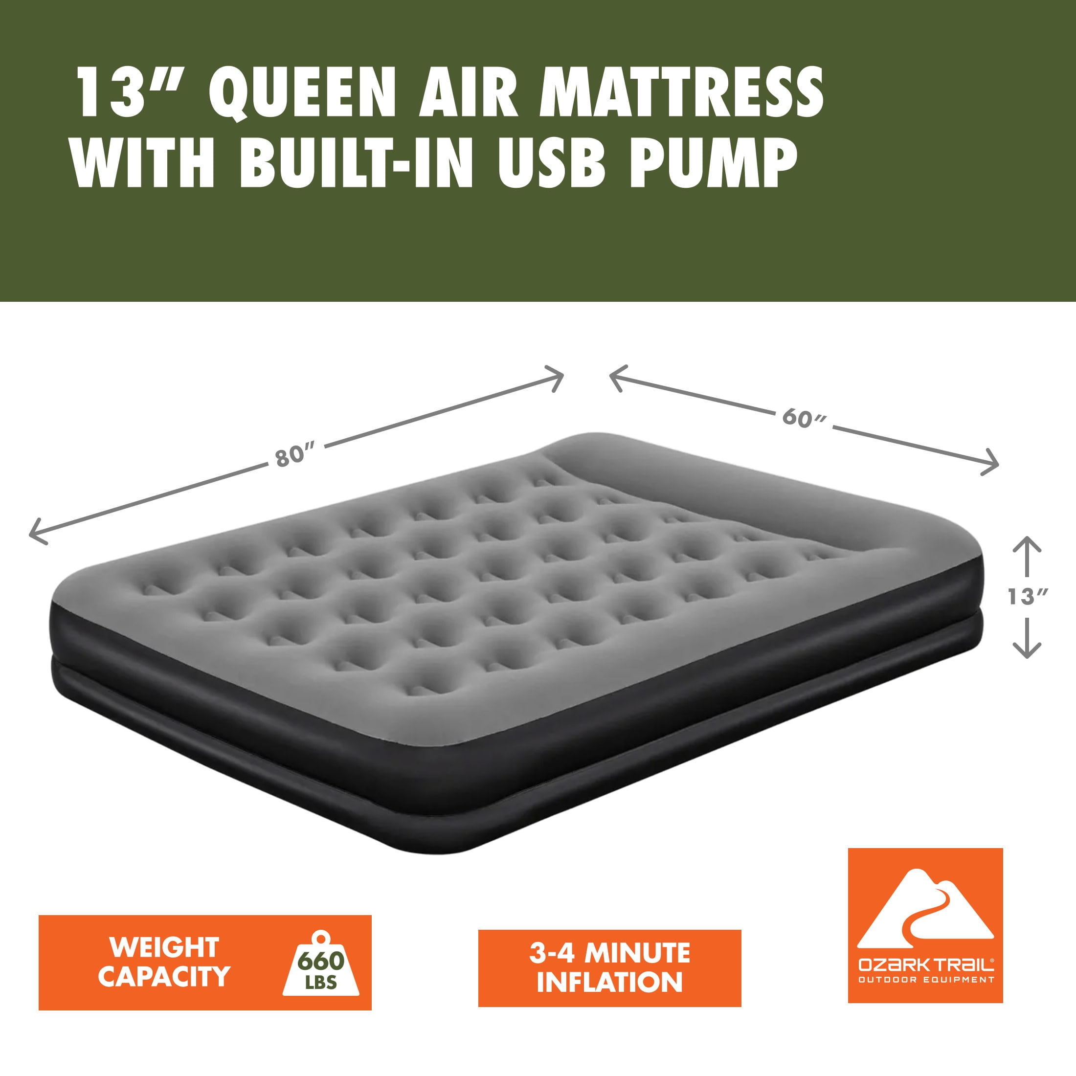 Ozark Trail 13" Queen Indoor & Outdoor Air Mattress with Built-In USB Pump