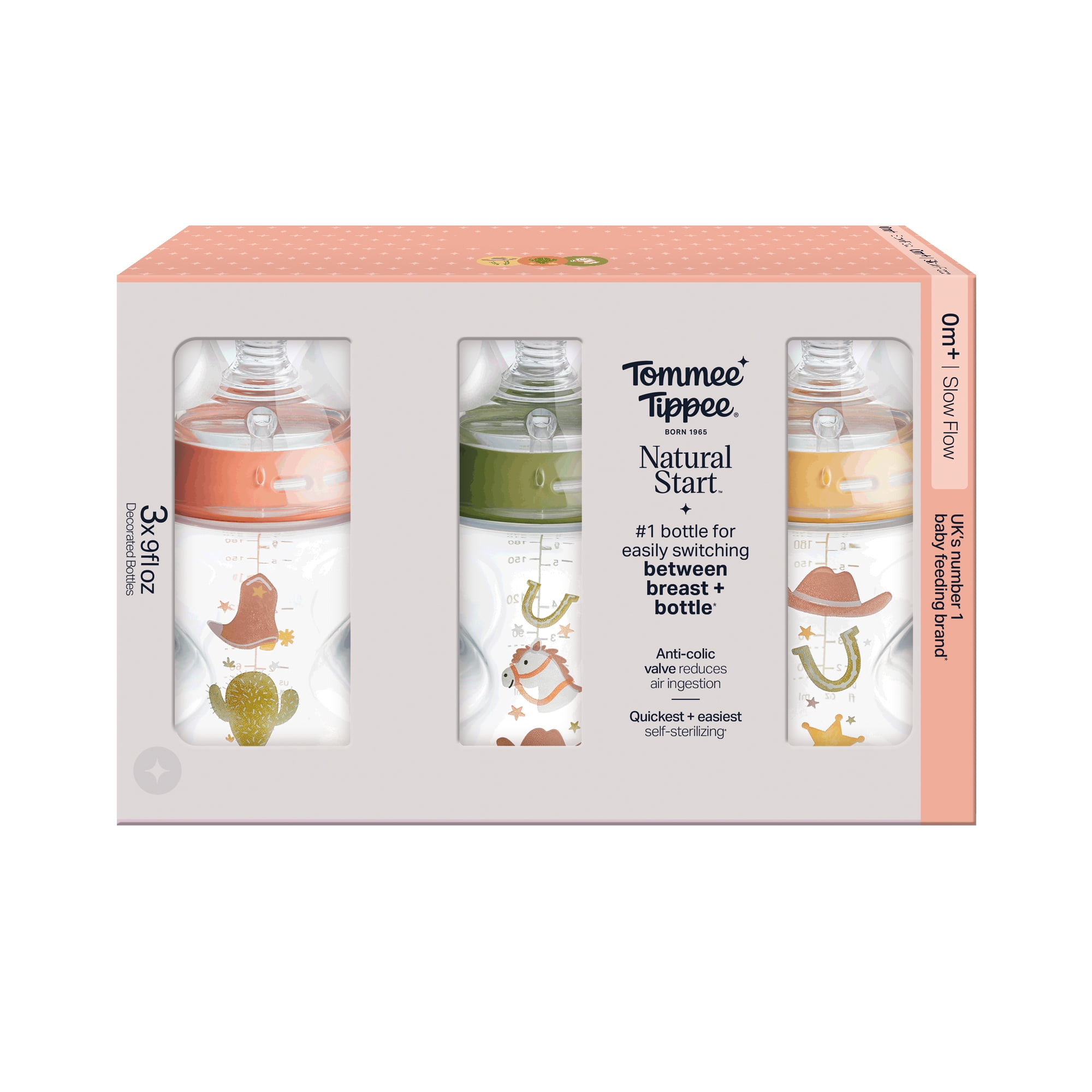 Tommee Tippee Natural Start Baby Bottles for 0m+, Pack of 3, 9oz Baby Bottles, with Slow Flow Breast-Like Nipple for a Natural Latch, Self-Sterilizing and BPA Free, Decorated