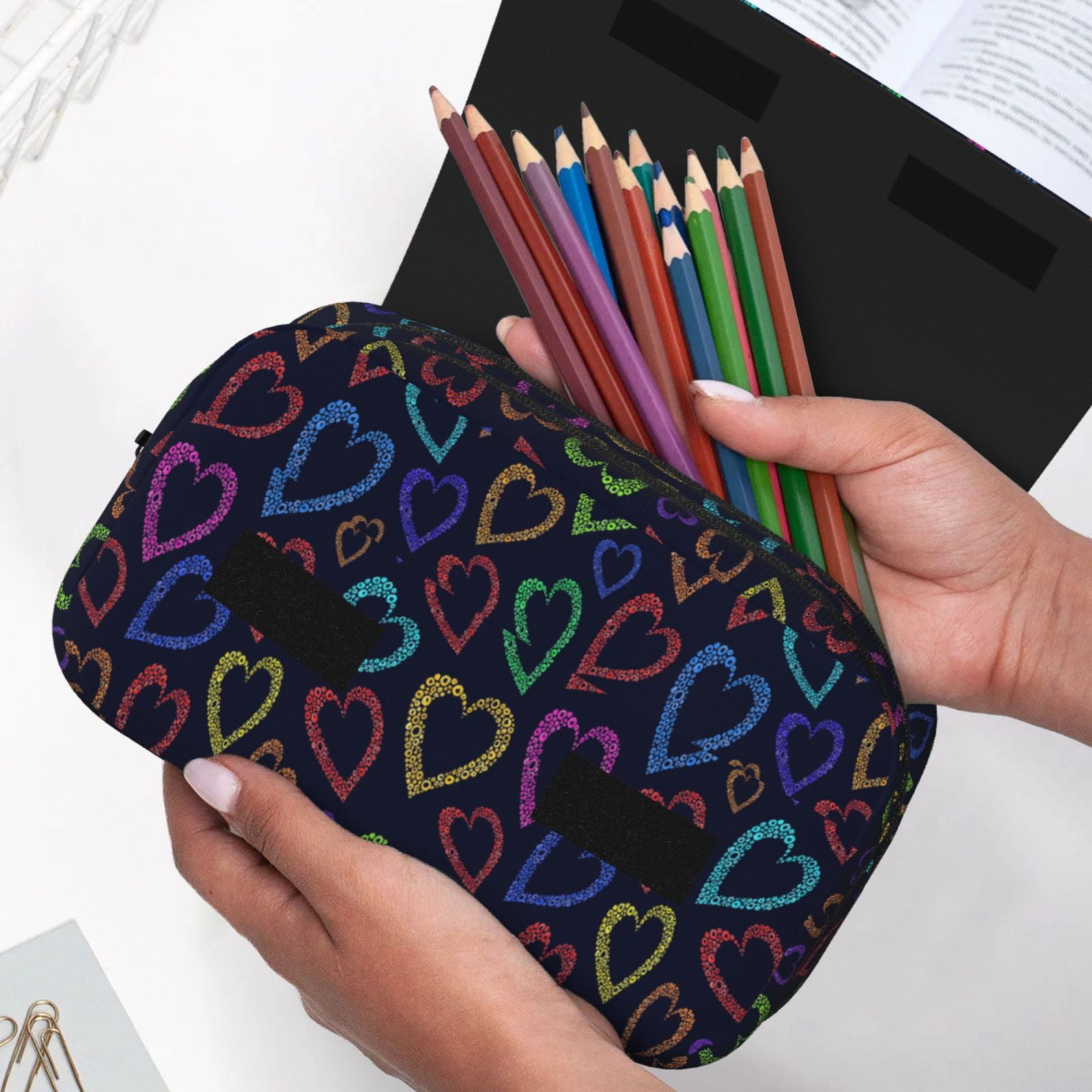 Rateoe Colored Hearts Pattern Double Clamshell Pen Case, Storage Organizer with Two Zipper Compartments– Holds Up to 50 Pencils & Pens