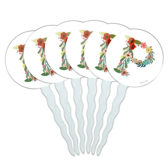 Letter P Floral Monogram Initial Cupcake Picks Toppers Decoration Set of 6
