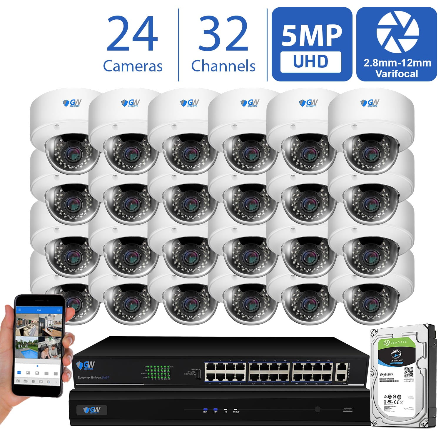 32 Camera Security System GW Security 5MP 1920p 32 Channel NVR Network Security Camera System