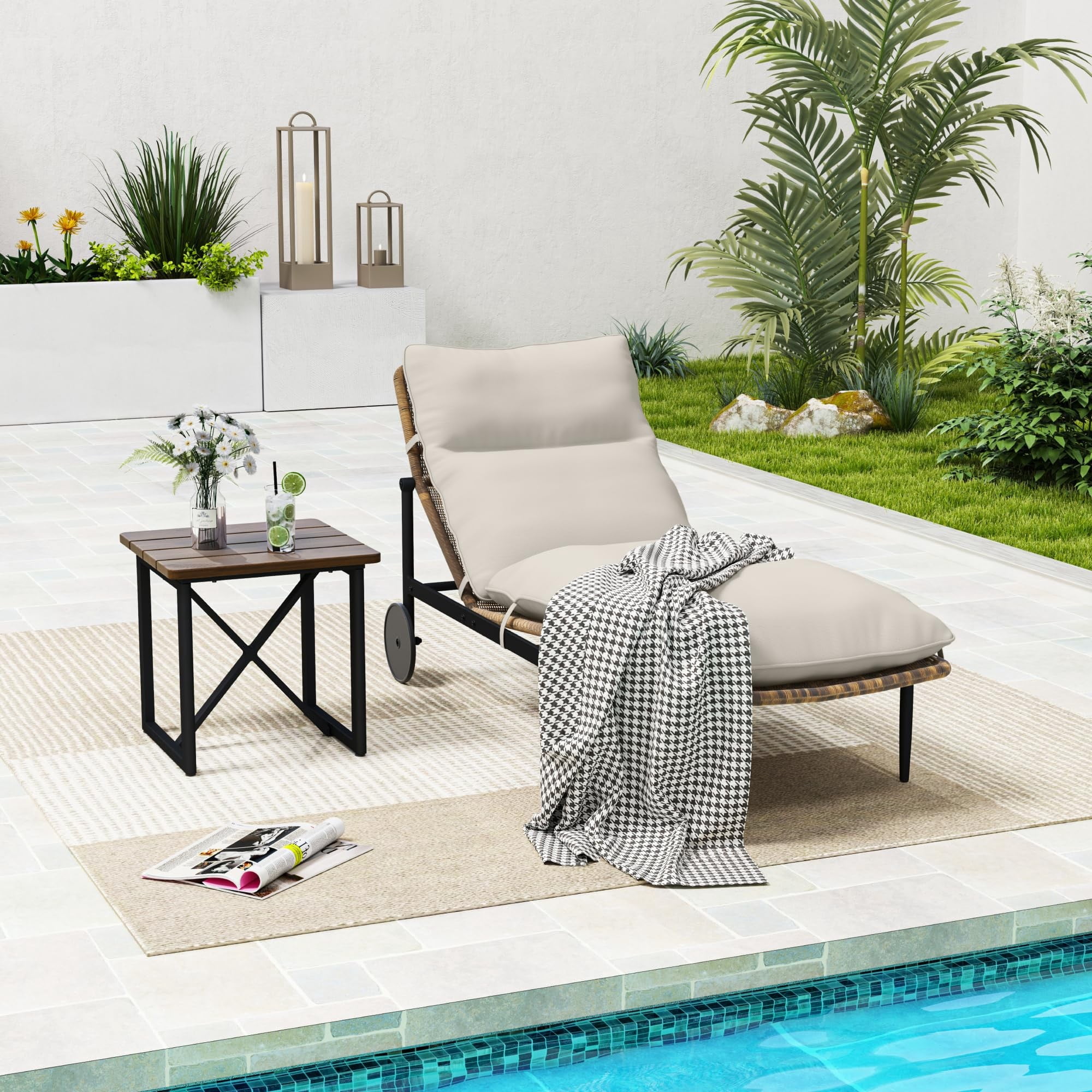 2PCS Patio Chaise Lounge Chair Set of 1 Outdoor Wicker Lounge Chairs with Cushion Wheels and Wood Table Poolside Backyard Deck Porch, Beige