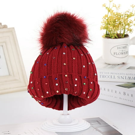 

Hunpta Hats For Kids Children Baby Knitting Wool Hemming Hat Keep Warm Winter Hiarball Rhinestone Cap