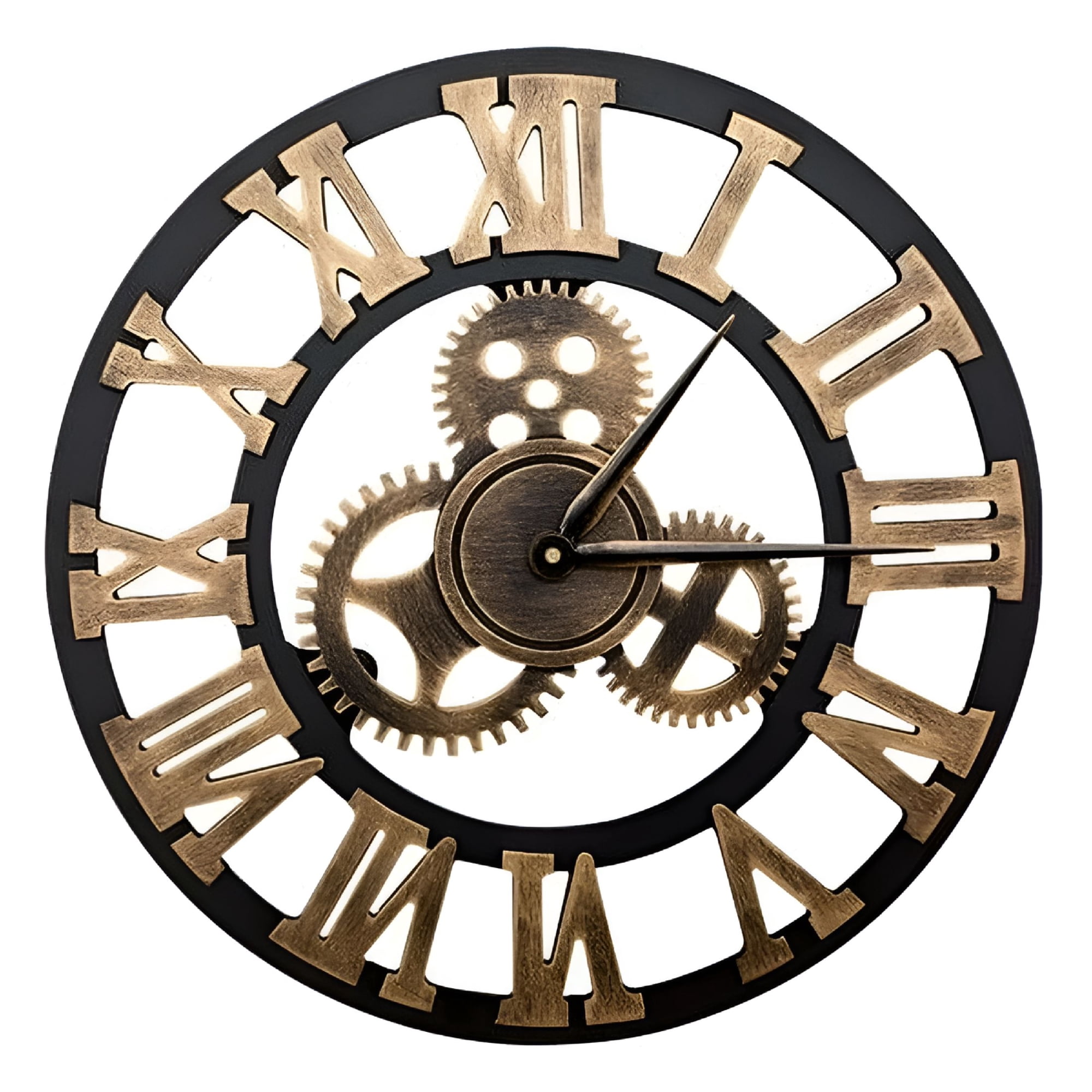 LAMIRO 3D Large Classic Vintage Wooden Silent Wall Clock Retro Gear Hanging Clock Roman Numeral Horologes European Style Steampunk Industrial Decor for Living Room,Bar,Gold,30cm