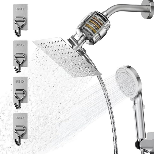 Regadera para Baño con Filtro, 10" Cabeza de Ducha Antióxido con Shower Head de Mano, 20 Capas de Filtrado, Regadera Cuadrada de Alta Presion, con 2 Cartuchos Filtrantes y Todos Los