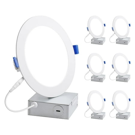 Lepro 6 Pack 4 Inch Canless LED Recessed Light with Junction Box, Ultra-Thin 5000K Daylight, Dimmable Retrofit Downlight, 10W Eqv. 75W,750LM High ,Baffle Trim,ETL,Energy Star&FCC Certified