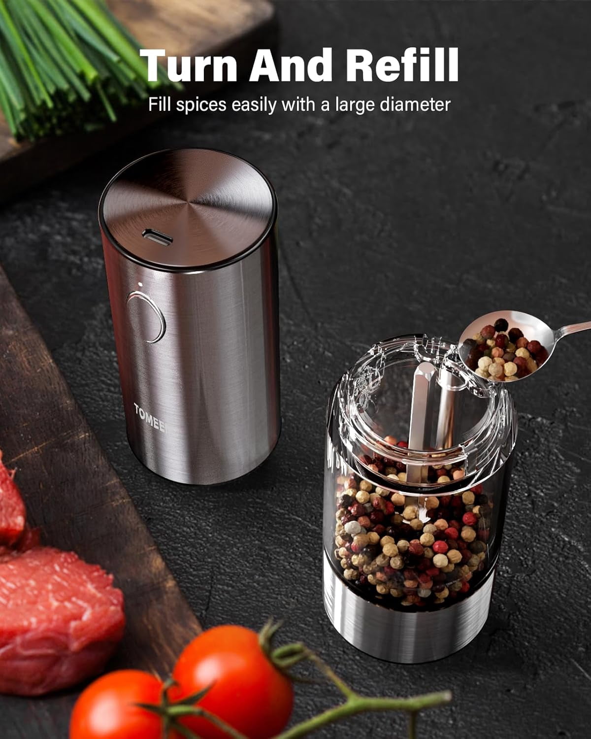 Tomeem Salt and Pepper Shaker Set with LED Lights and Salt Grinder Refillable with 6 Adjustable Coarseness Electric Salt and Pepper Grinder Set