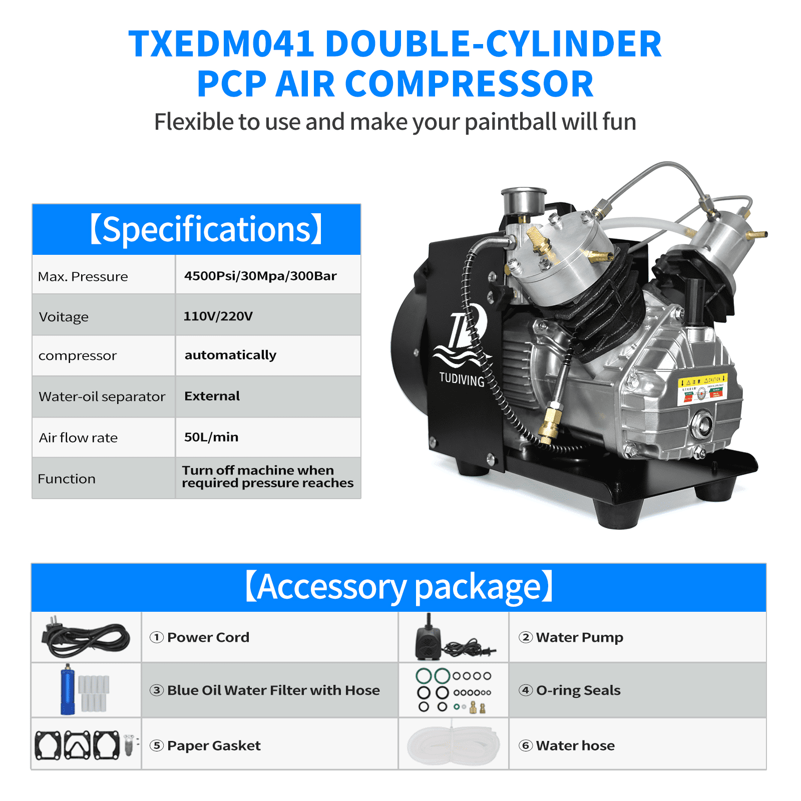 TUDIVING PCP Air Compressor 4500Psi/300Bar Double Cylinder High Pressure Air Pump 40L/min 110V