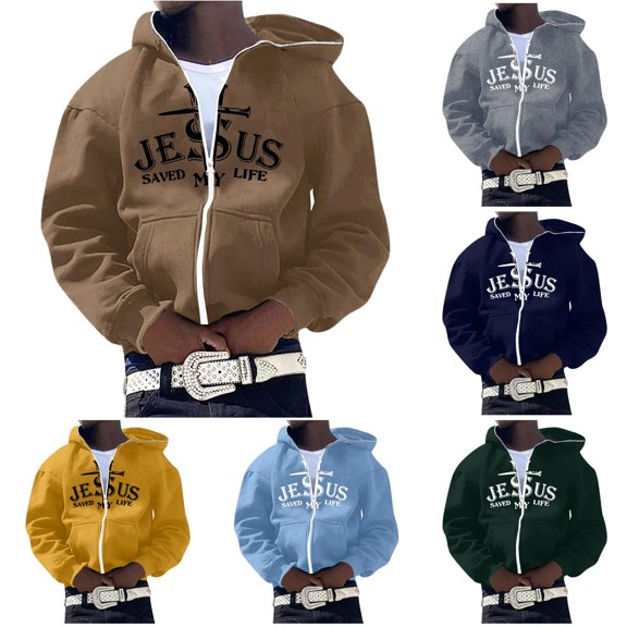 Wxolcjlv Men Text Cross Print Zip Up Hoodie Full Zip Cut Hooded Sweatshirts