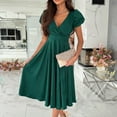 thumbnail image 4 of Women's Solid Elegant V Neck Waist Sleeve Large Hem Dress Pleated Dress for Women Summer Elegant Dress Prelude Dress Tunic Dress Summery Dresses Dresses Casual Fall Casual Dresses for Women Summer, 4 of 6