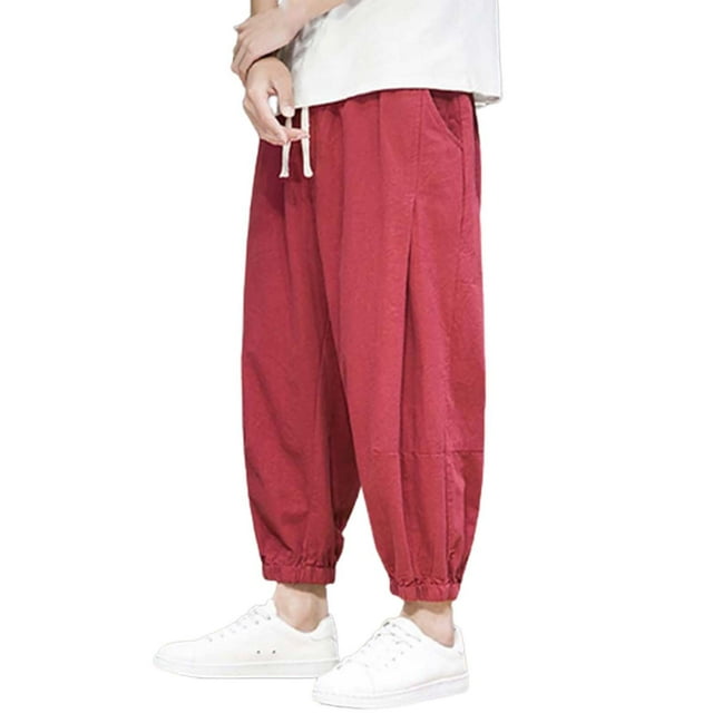Mens Loose Straight Cotton Summer Casual Pants - Breathable, Solid Color, Elastic Waist - Daily/Work