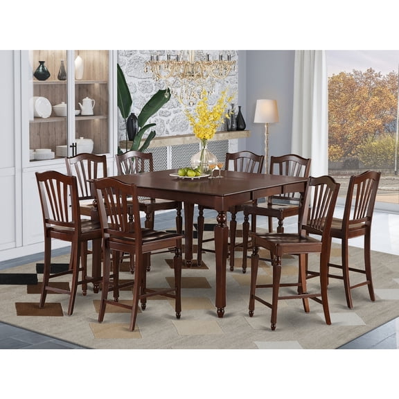 Counter Height Table Set 9 Piece - Square Dining Table & 8 Stools - Mahogany Finish - Butterfly Leaf Extension