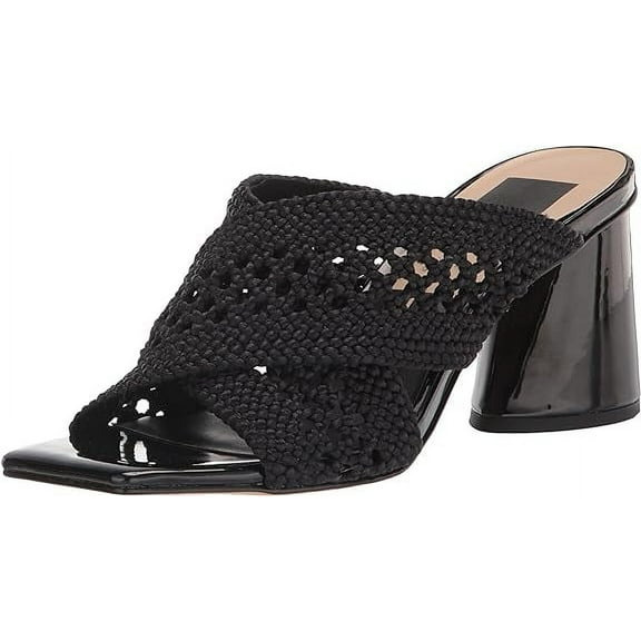 Dolce Vita Patch Black Woven Slip On Squared Open Toe Block Heeled Sandals (Black Woven, 5)