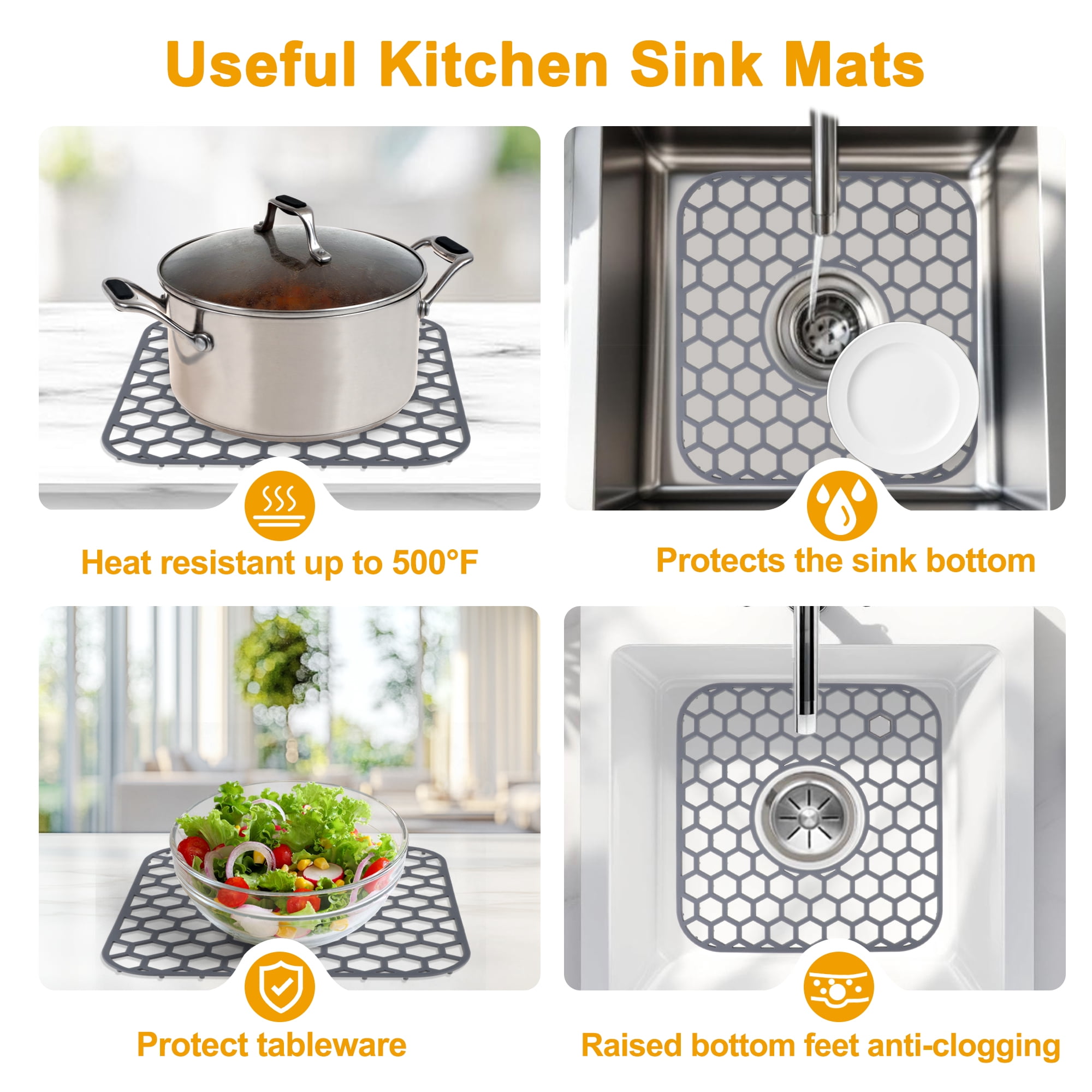 Unique Bargains 2pcs Sink Protectors for Kitchen Sink 12.4"x 11.5" Non-Slip Sink Mats Heat-Resistant to 500°F Sink Grid for Stainless Steel Sinks Dishwasher Safe Gray