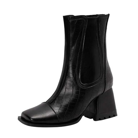 

Mackneog Ladies Colorblock Face Square Toe Back Zip Chunky High Heel Boots Gift on Clearance