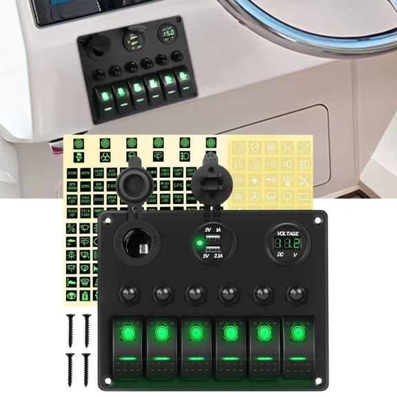 Waywe 6 Gang ON Off Rocker Switch Panel Green Backlit 12V 24V LED Digital Voltmeter 3.1A Dual USB Charger Cigarette Lighter Socket Overload Protection Switch Panel For Cars RVs Boats