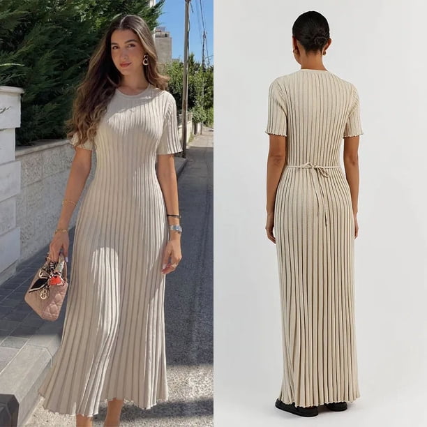 Vestido largo de punto liso para mujer, Vestidos plisados de manga corta a la moda para primavera y verano, con cuello redondo, 2024