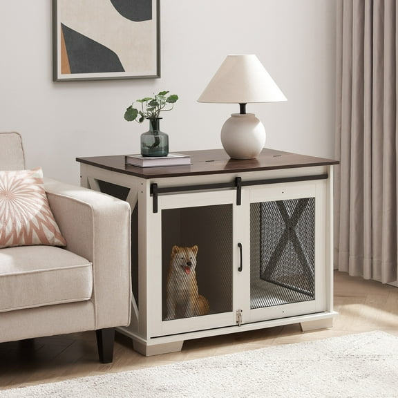 Noble House Farmhouse Dog Cage Crate Furniture, Sliding Barn Door Kennel End Table with Divider and Flip-Top, White