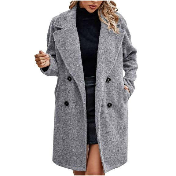 Lindreshi Winter Coats for Women Trendy Women's Fashion Winter Solid Color Top Button Pockets Thirt Plush Long Sleeve Coat