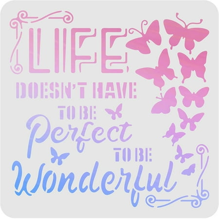 1pc Quote Stencil Template (12x12 inch) Wonderful Life Reusable Inspirational Words Sign Stencil Plastic Butterfly Farm Painting Template for Painting on Floor Wall Tile