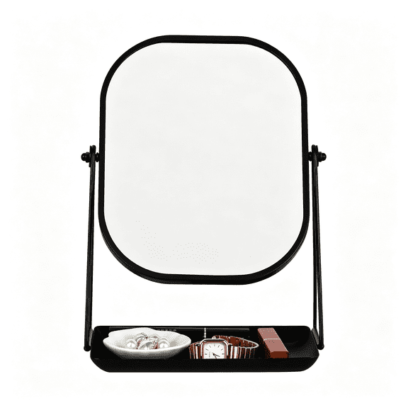 XIBUFE 360 Degrees Rotating Metal Makeup Mirror with Storage,Vanity Mirror for Desk,Bathroom,Bedroom,Dressing Table(Black Rotating Mirror)