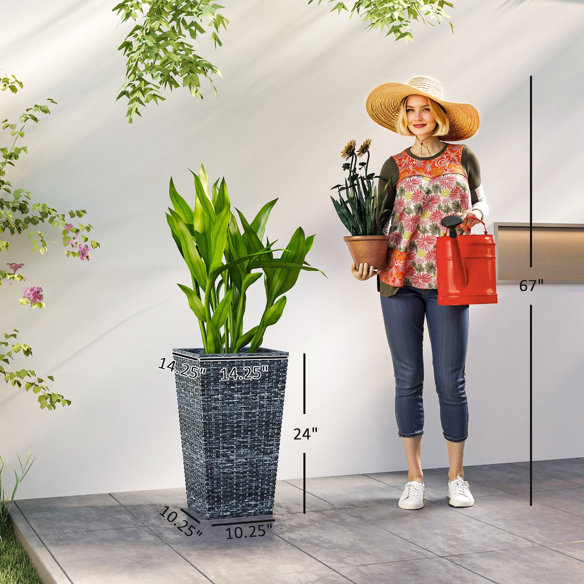 Tall Planters for Outdoor Plants, with Drainage Holes, Rattan Decor Plant Pots for Indoor Outdoor, Set of 3