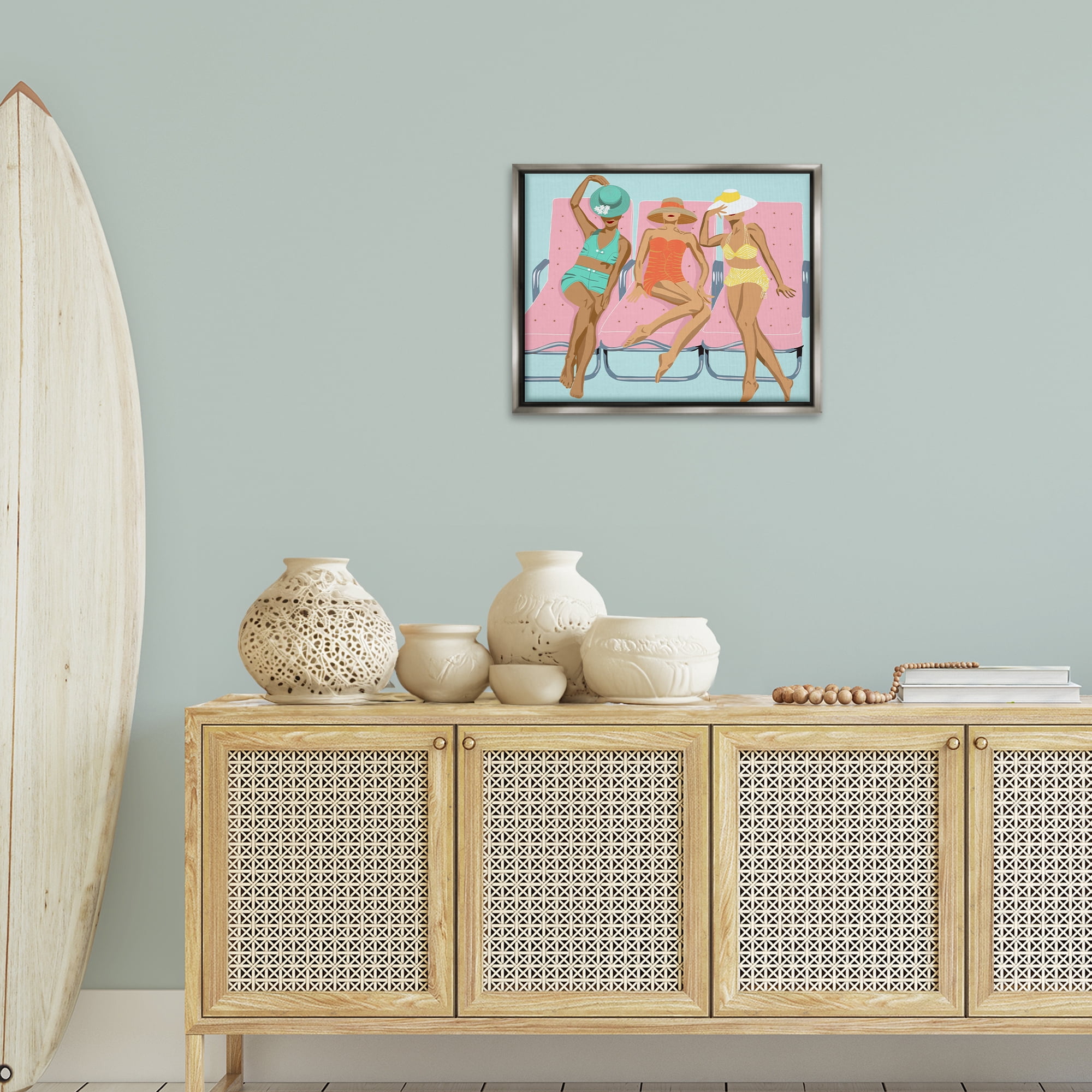 Stupell Industries Glam Beach Friends Novelty Painting Gray Floater Framed Canvas Art Print Wall Art, 21 x 17
