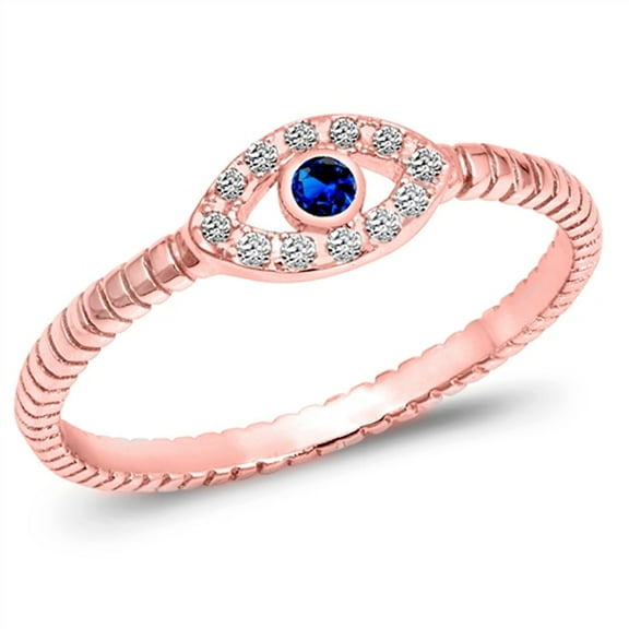 CHOOSE YOUR COLOR Rose Gold-Tone Blue Simulated Sapphire Evil Eye Ring Sterling Silver Band CZ Female Size 7