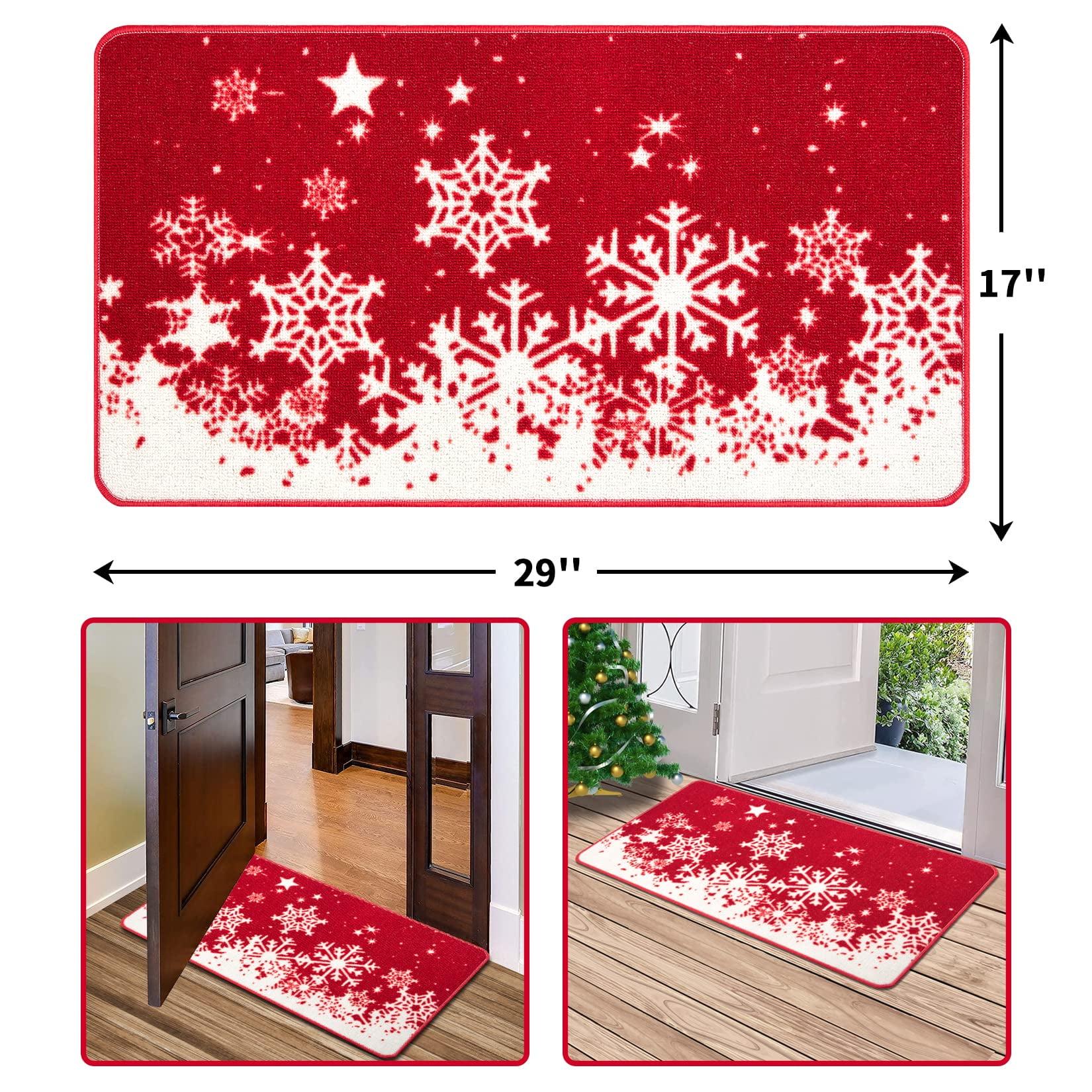 Christmas Front Door Mat, PVC Leather Door Mats Outdoor/Indoor Welcome Mat,  Red Christmas Balls White Winter Snowflake Floor Mats Non-Slip Doormat