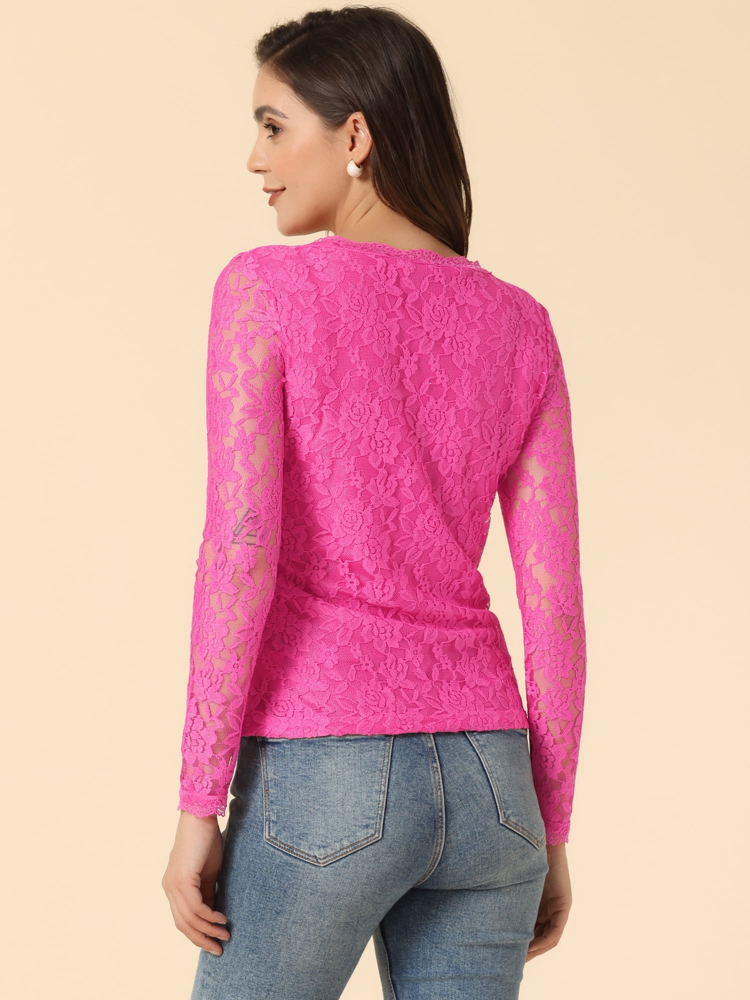 DARING DIVA Sheers Flower Embroidery Lace Top S Hot Pink