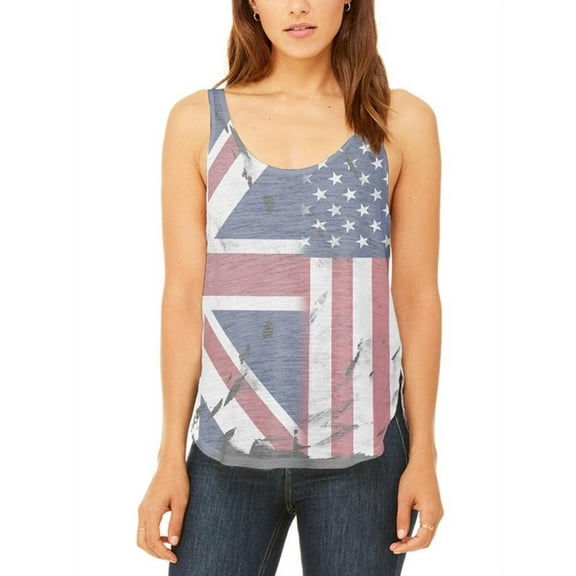 British UK American USA Flag Juniors Flowy Side Slit Tank Top Multi X-LG