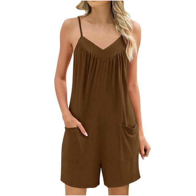 AherBiu Boho Short Jumpsuits for Women Sleeveless V Neck Wide Leg Comfy Summer Rompers with Pockets