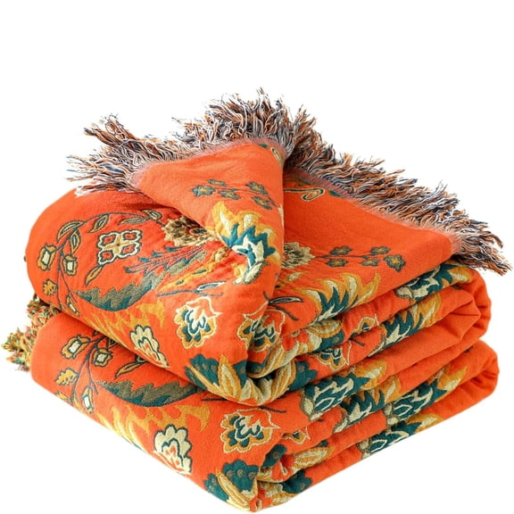 AUQ Boho Throw Blanket for Bed 60"X80",100% Cotton Orange Couch Blankets Soft Reversible Floral Jacquard,All-Season,Twin Quilt for Chair Sofa Living Room,Lightweight&Breathable,Home Decor Gift