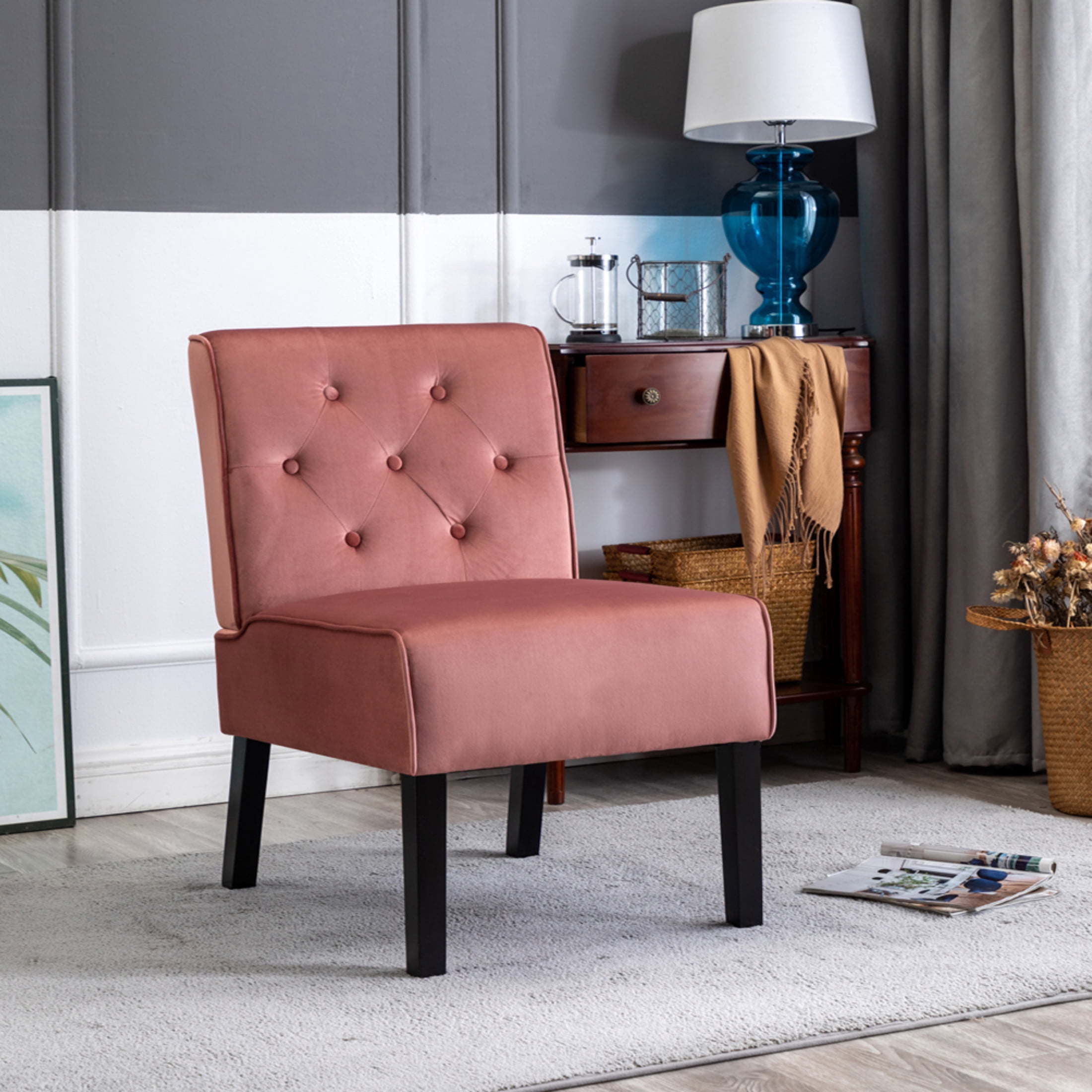 GDF Studio 21" Modern Accent Chairs Set of 2 with Button Tufted Velvet Upholstery, Tapered Wood Legs, Rose
