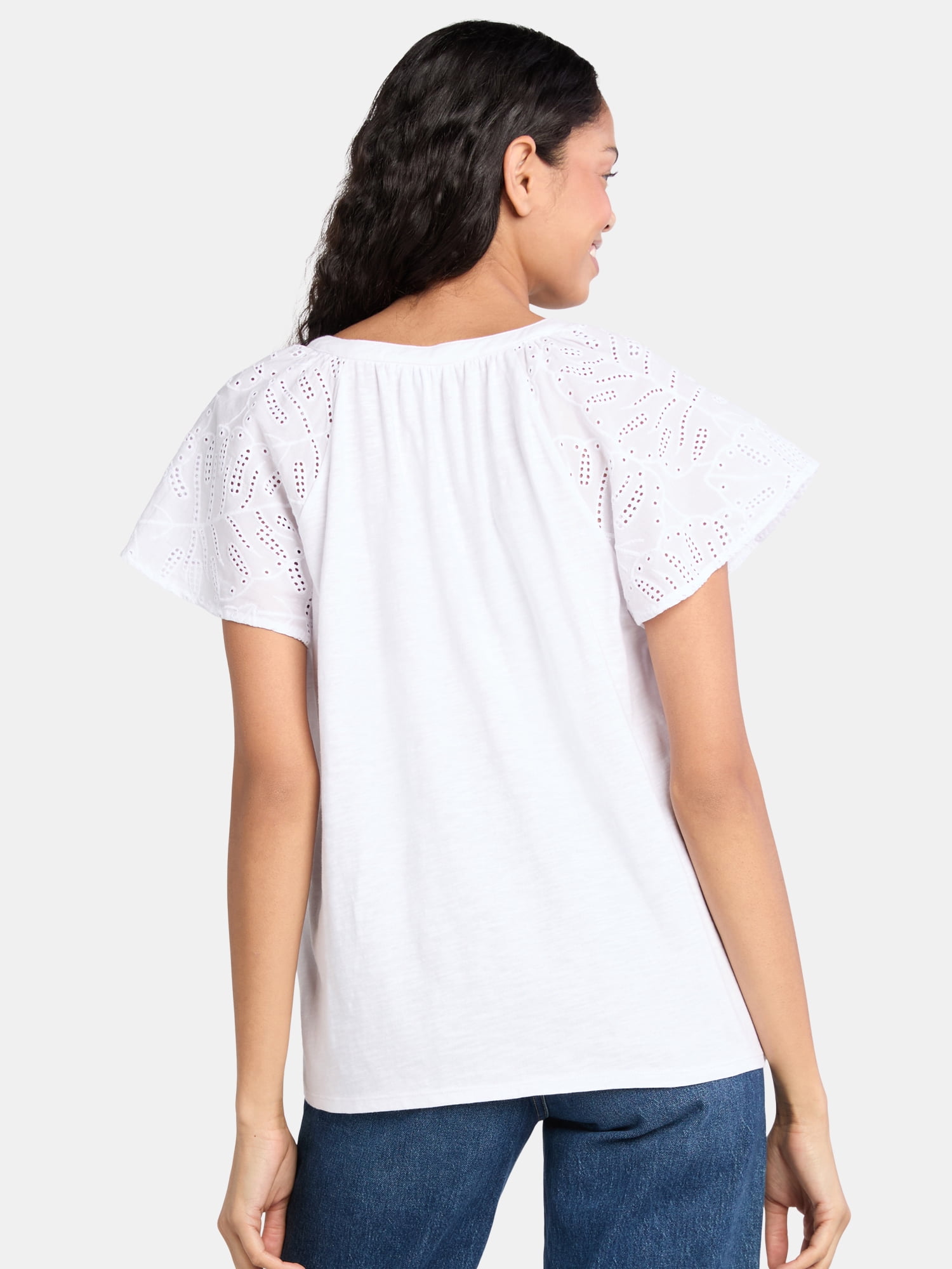 Time Tru Women's Mixed Media Cotton Top with Eyelet Flutter Sleeves, Sizes XS-XXXL
